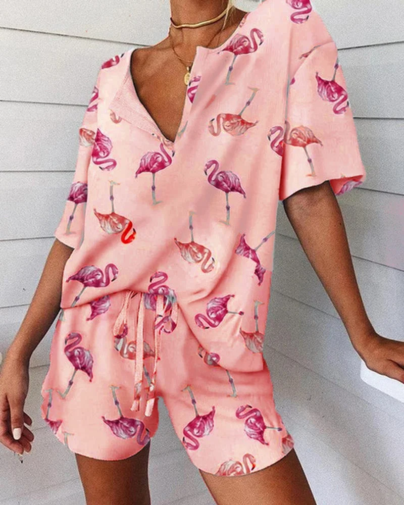 Women Short Sleeve Loose V-Neck Pajama Set