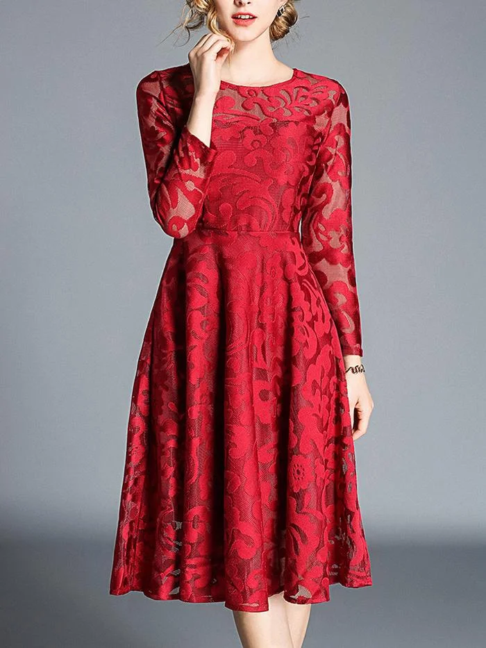 Temperament mid-length lace big swing long-sleeved dress