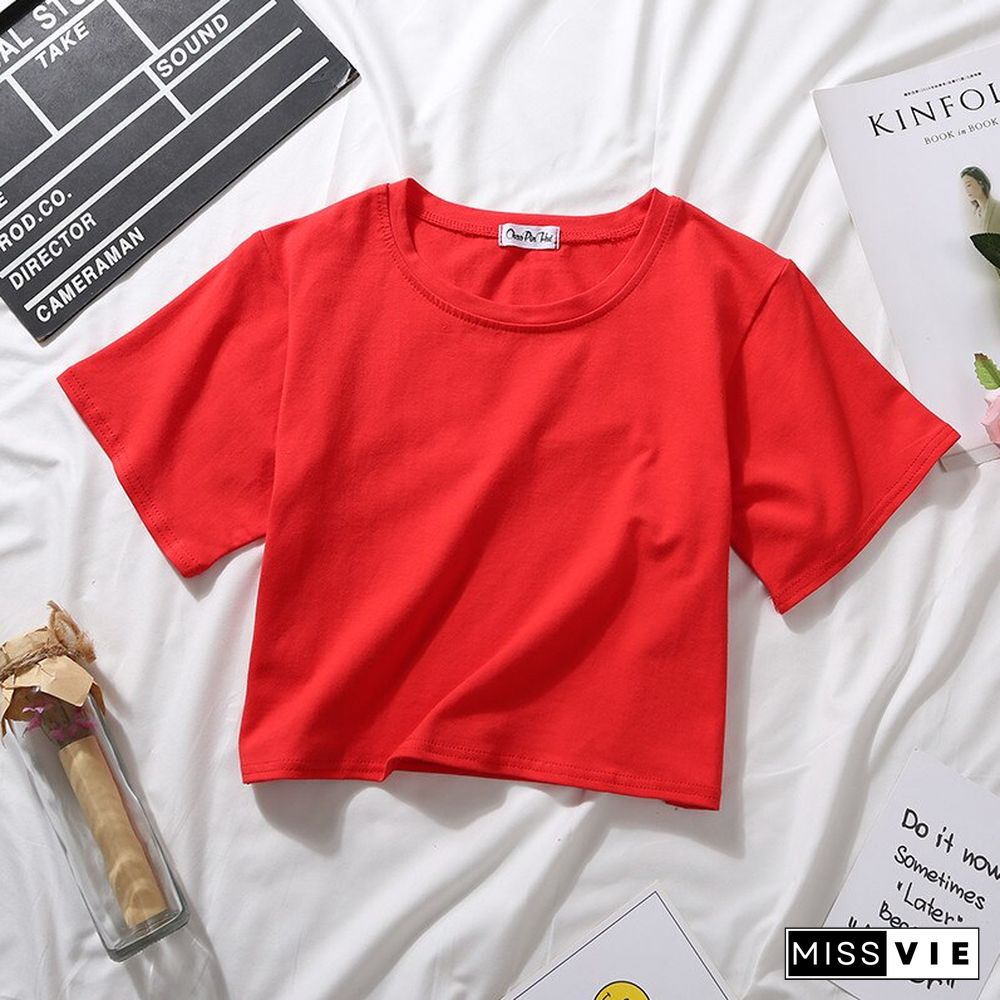 Summer Short Sleeve T Shirts Women Cotton Solid T-shirt O Neck High Waist Tee Female Casual Loose T Shirt
