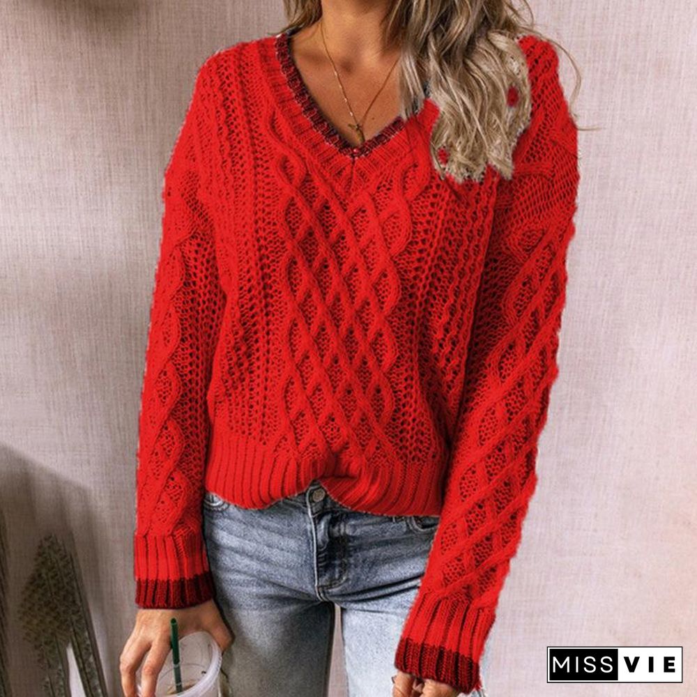 Casual Multicolor Stitched Twist V-neck Knitted Long Sleeved Sweater