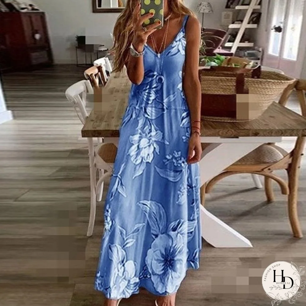 Summer Dresses Fashion Clothes Women's Plus Size Dresses Casual V-neck Sleeveless Maxi Dresses Ladies L Loose Cotton Dress Party Wear Floral Printed Halter Beach Dress