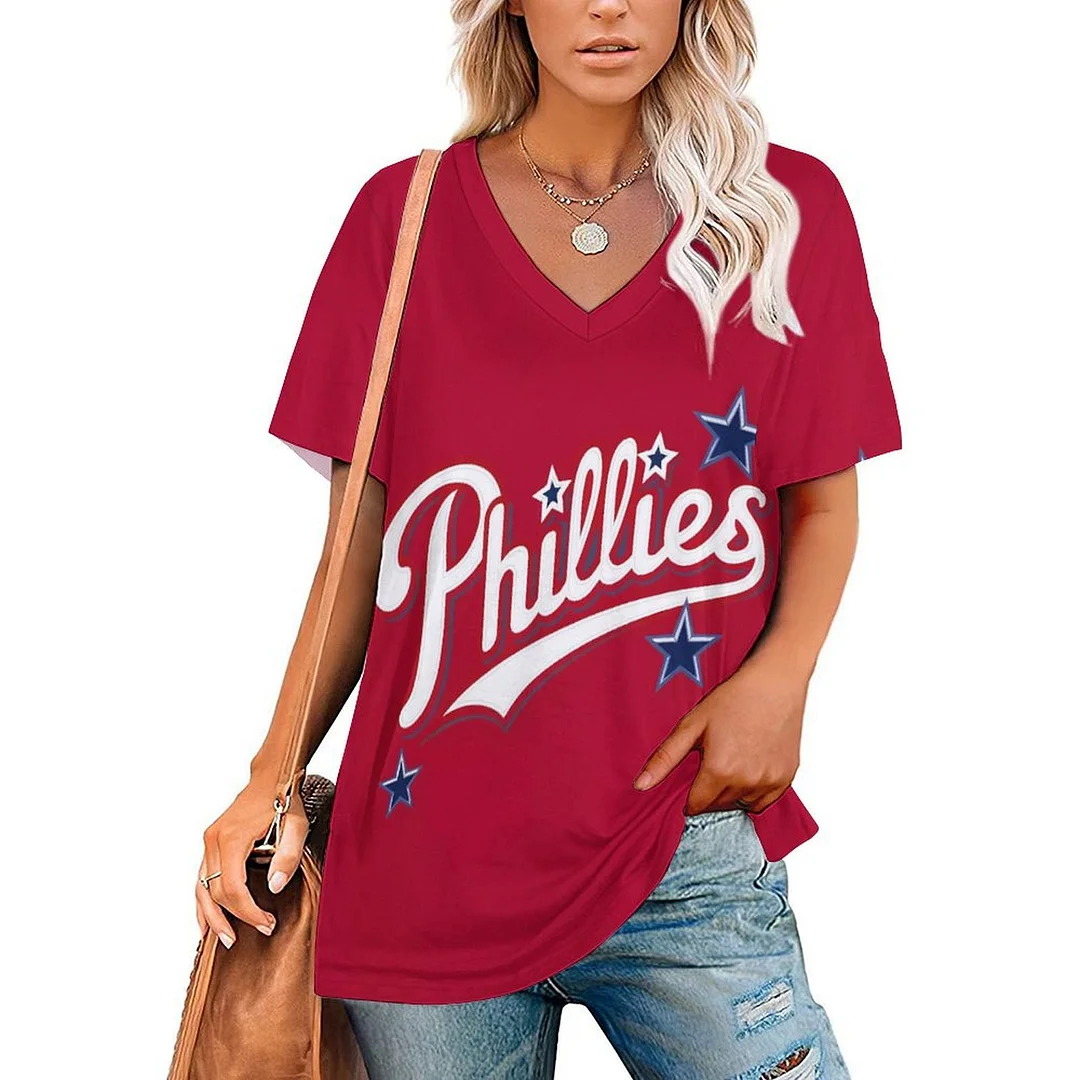 V-neck Short Sleeve Casual T-shirt for  Women Printed with Pattern Philadelphia Phillies, Blue, Red