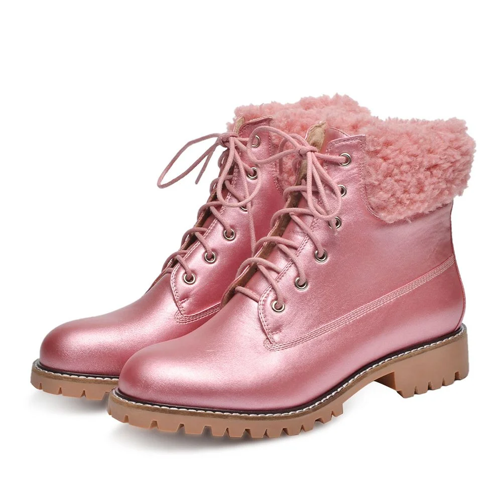 Pink Glossy Combat Boots Cattle-hide Sole Booties With Fur Nicepairs