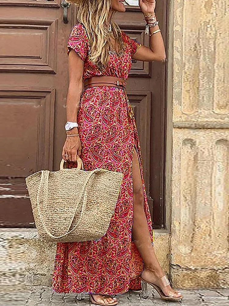 V Neck Short Sleeve Paisley Print Dresses