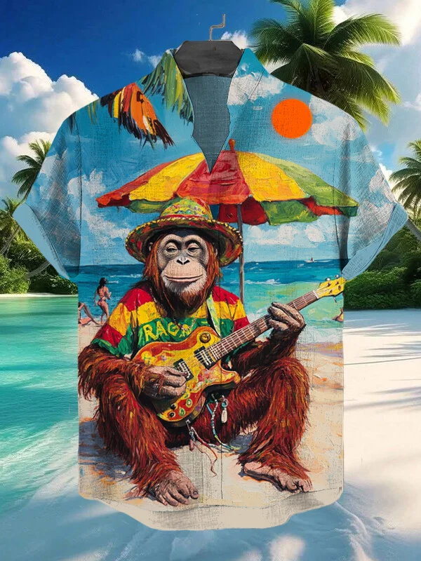 Men's Orangutan Playing Guitar On The Beach Reggae Music Art Print Casual Shirt