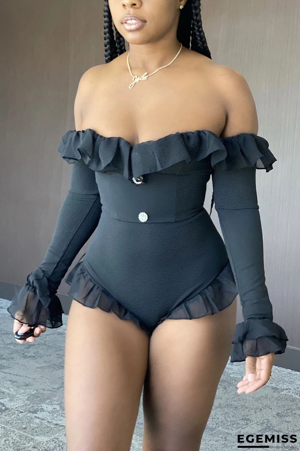 Black Light Patchwork Mesh Ruffled Solid Long Sleeve one word collar Jumpsuits | EGEMISS