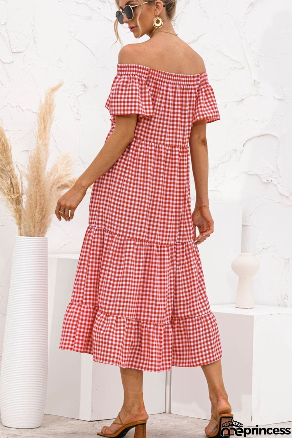 Gingham Off-Shoulder Tiered Midi Dress