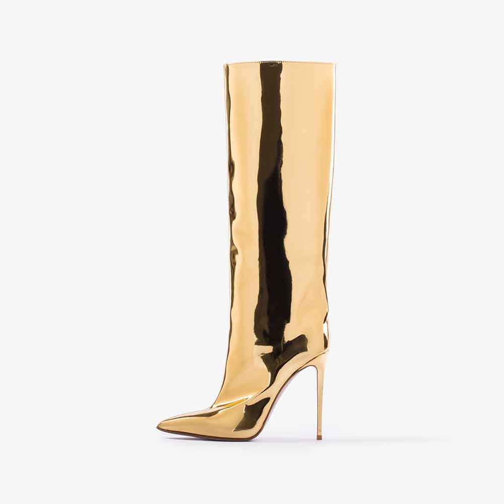 Gold Metallic Pointed Toe Stiletto Heel Knee-High Boots Nicepairs