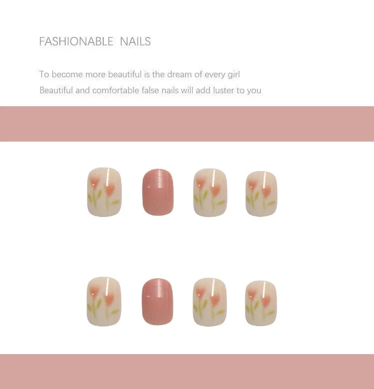 24pcs Tulip Printed Nail Patch Nude Color Wearable Artificial Fake Nails Full Cover Sweet Nude Pink Nail Tips Art Accessories-Nail Inspo