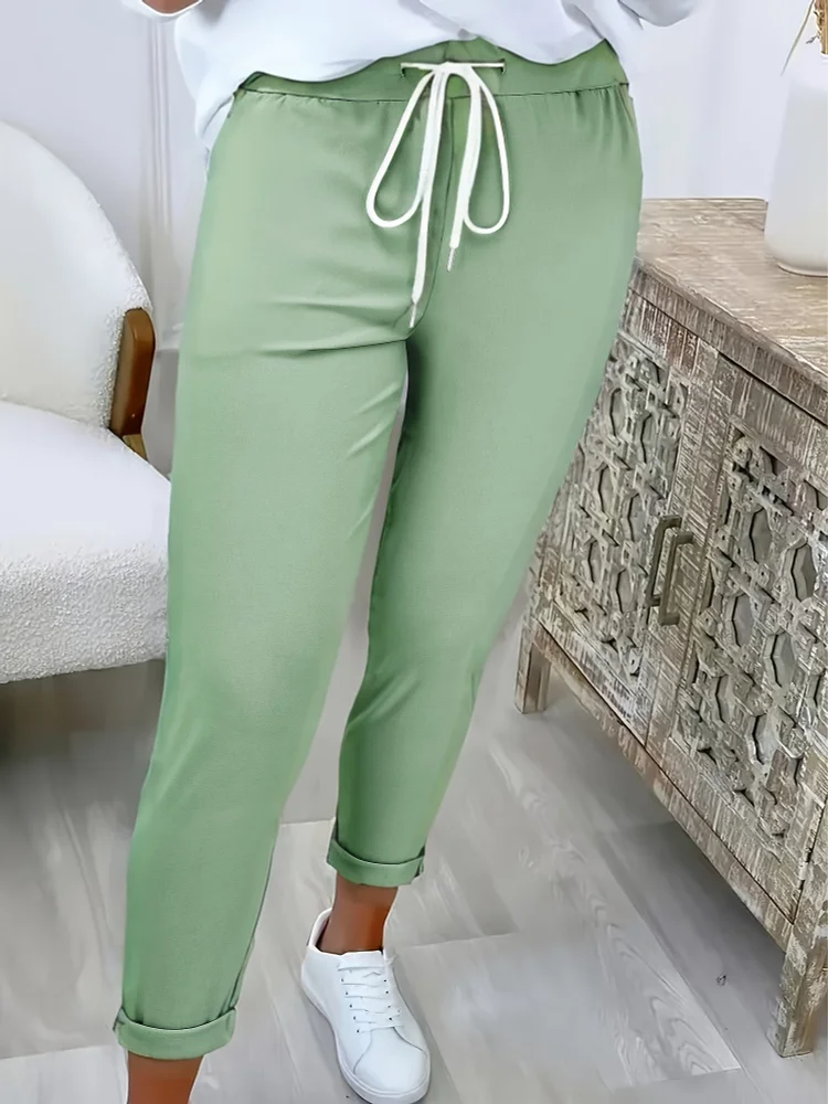 Women's High-Waisted Solid Color Tight-Fit Stretch Joggers With Adjustable Drawstring Waist - Olive Green Casual Pants For Spring Summer Fall, Machine Washable, Casual Attire, Smooth Texture Fabric, Lounge Wear, Breathable Material, Women