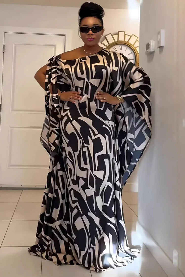 Geometric Print Skew Neck Batwing Sleeve Maxi Dresses-Black