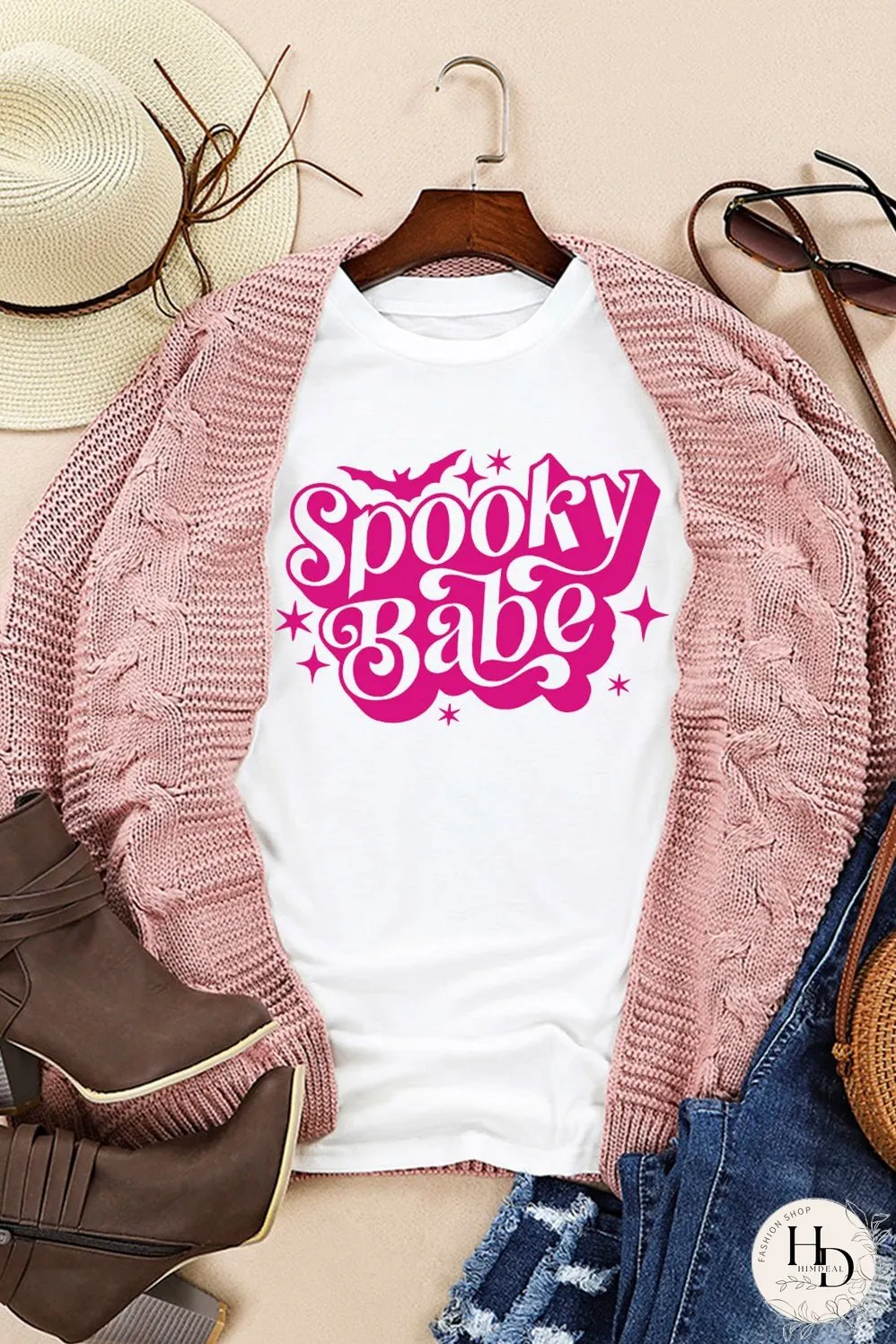 Spooky Babe Bat Print White Halloween Tee