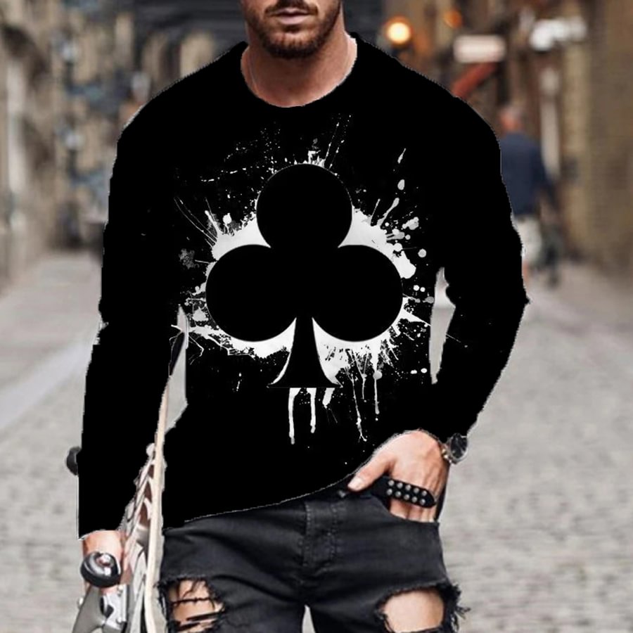 Playing Card Printed Casual Long-sleeved Men's T-shirts-VESSFUL