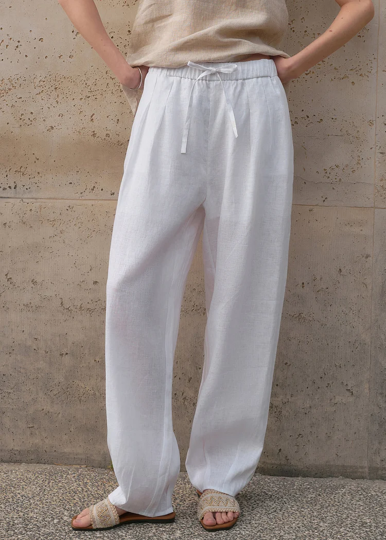 Simple Style White Pockets Elastic Waist Linen Pants Summer