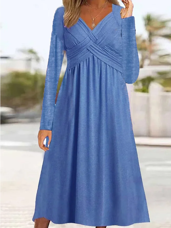 Casual Long Sleeve V-neck Solid Color Loose Cross Midi Dress