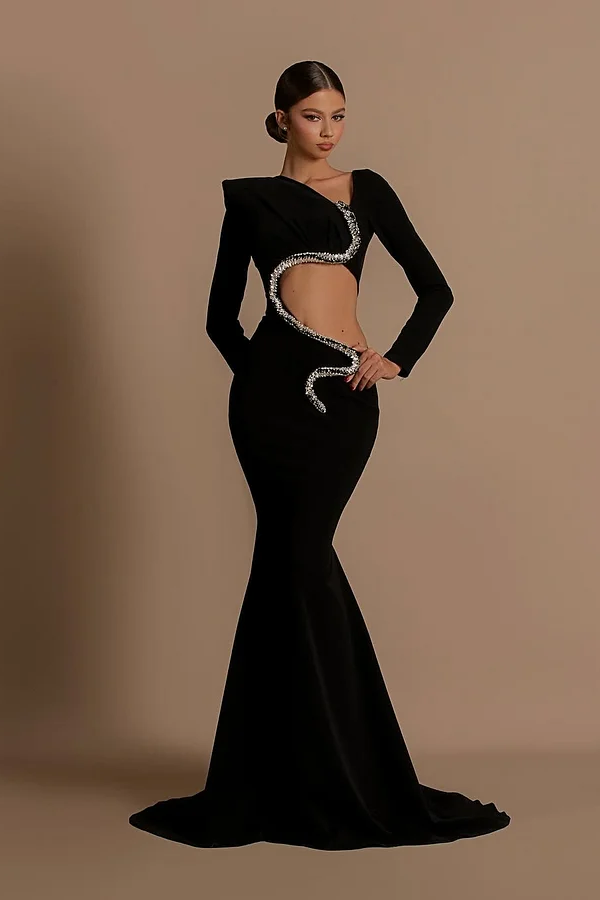Daisda Elegant Sexy Black Long Sleeves Beads Mermaid Prom Dress