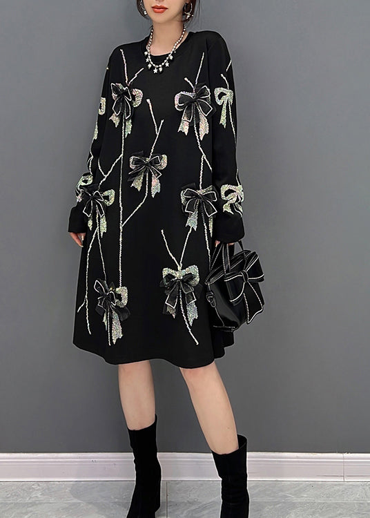 VCSHOES Loose Black O-Neck Bow Knit Long Dresses Winter
