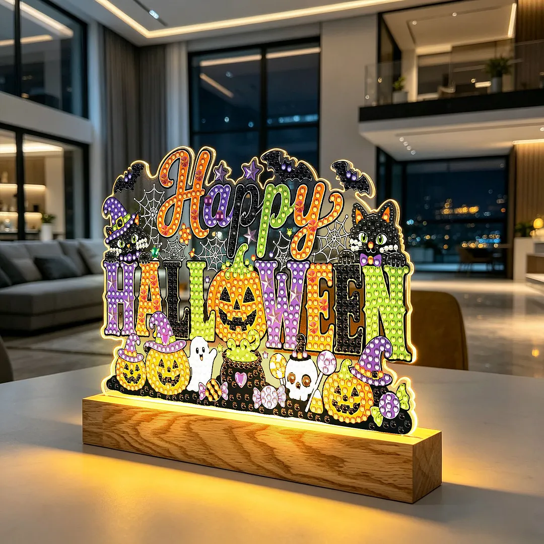 Halloween DIY Acrylic Diamond Painting Night Light for Adults Beginner Diamond Art Table Lamp with Wooden Base for Woman Man Desk Bedroom Tabletop Decor