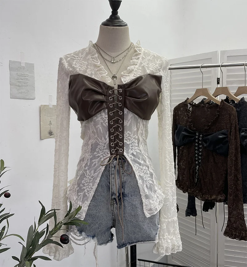 Zingj Real Shooting V Tie With Retro 2024 New Hottie Sexy Lace Splicing Pu Skin Hollow Shirt Top 6108