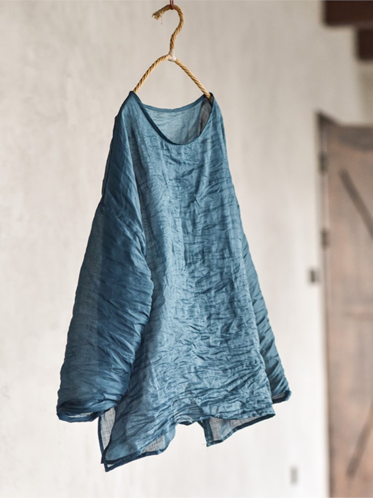Original Design Handmade Women's Vintage Loose Thin Ramie Solid Color Blouse