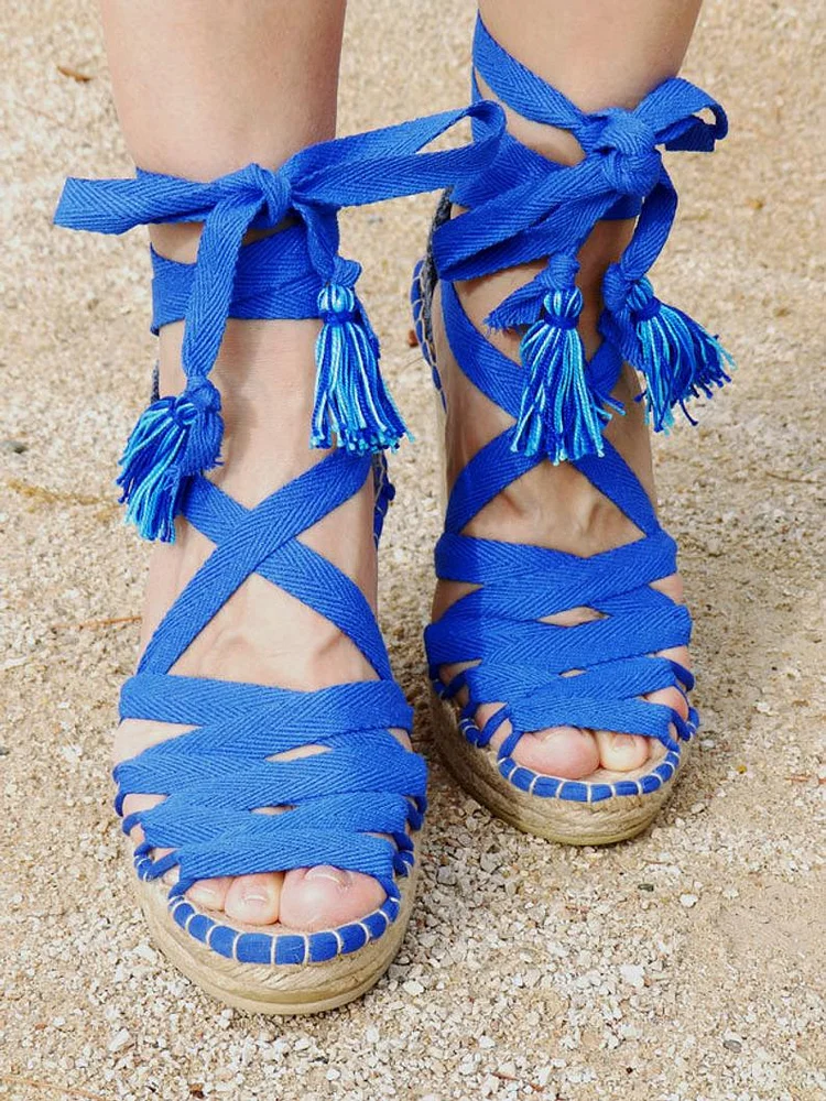 Royal Blue Canvas Strappy Wedge Sandals Platform Fringe Sandals |FSJ Shoes