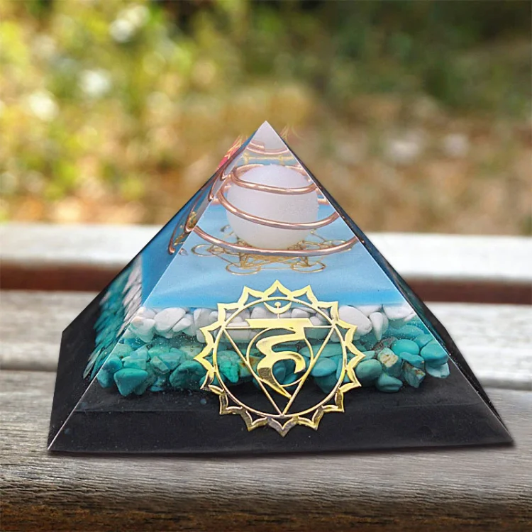 Turquoise White Agate Metatron's Cube Symbol Orgone Pyramid