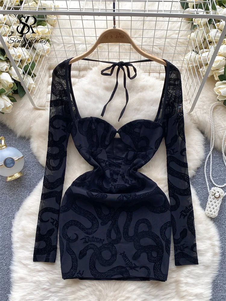 Huibahe Sexy Mesh Backless Dress Square Collar Lace Up Long Sleeves Print Hollow Out Women Fashion Slim Fit Club Bodycon Dress