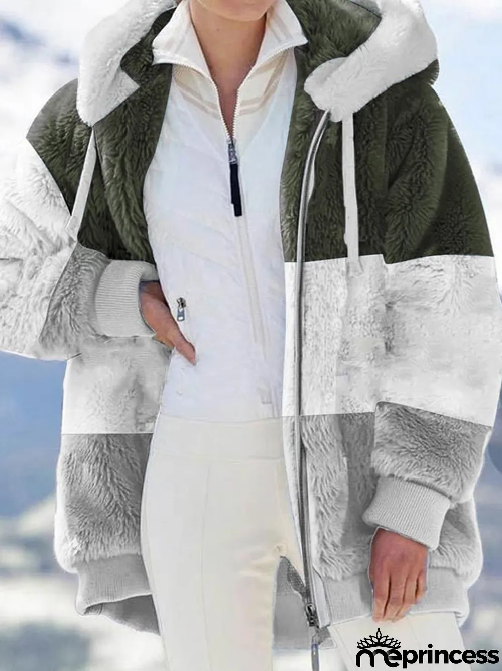 Fashion Color Blocking Plush Zipper Hooded Jacket