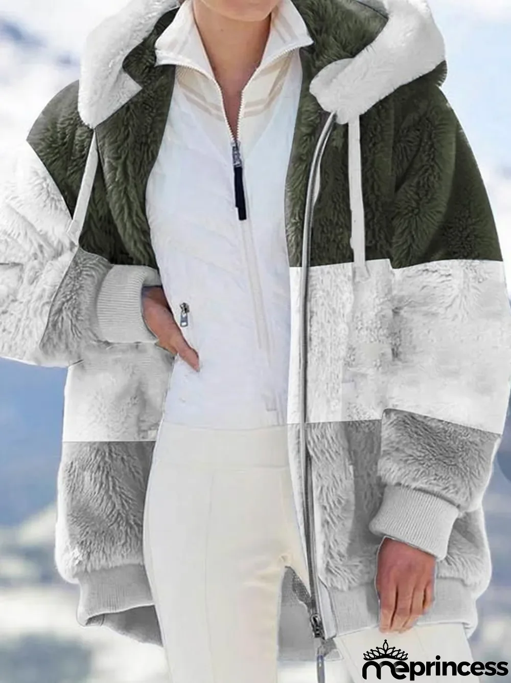 Fashion Color Blocking Plush Zipper Hooded Jacket