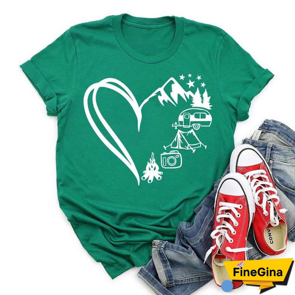 Hot Camping Heart Printed T-Shirts For Women Summer Short Sleeve Tee Shirts Round Neck Casual Summer Ladies Tops