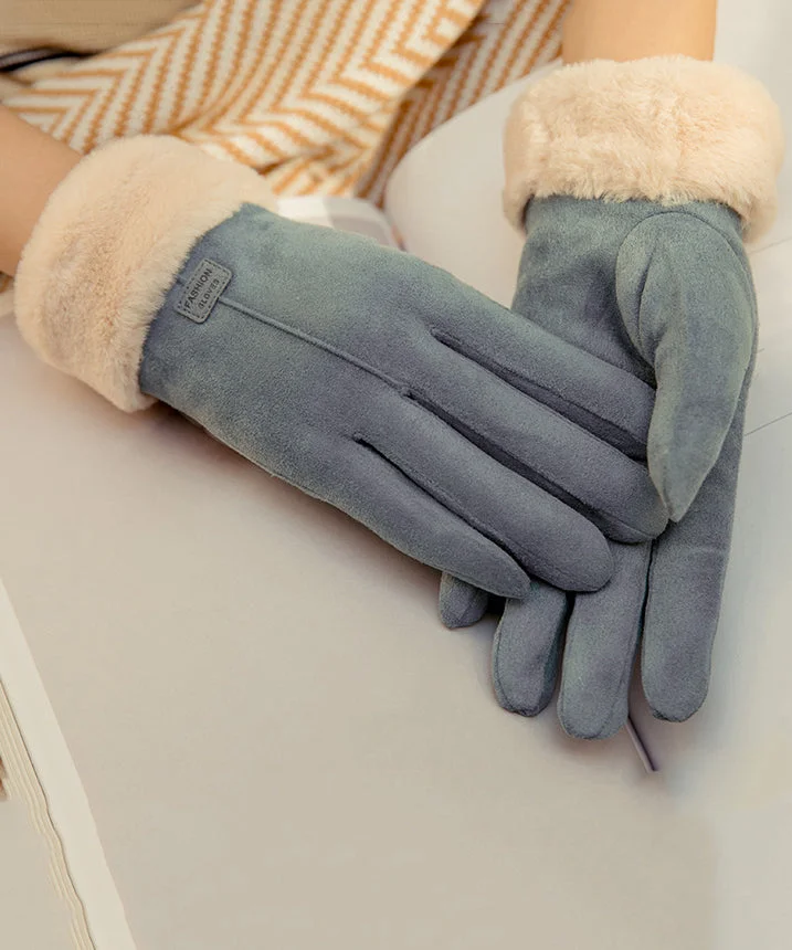 Women Grey Blue Winter Fluffy Windproof Warm Suede Gloves