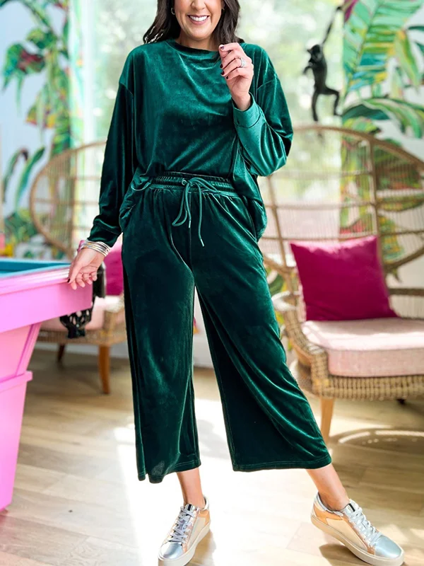 Round Neck Long Sleeve Solid Velvet Top and Pants Set