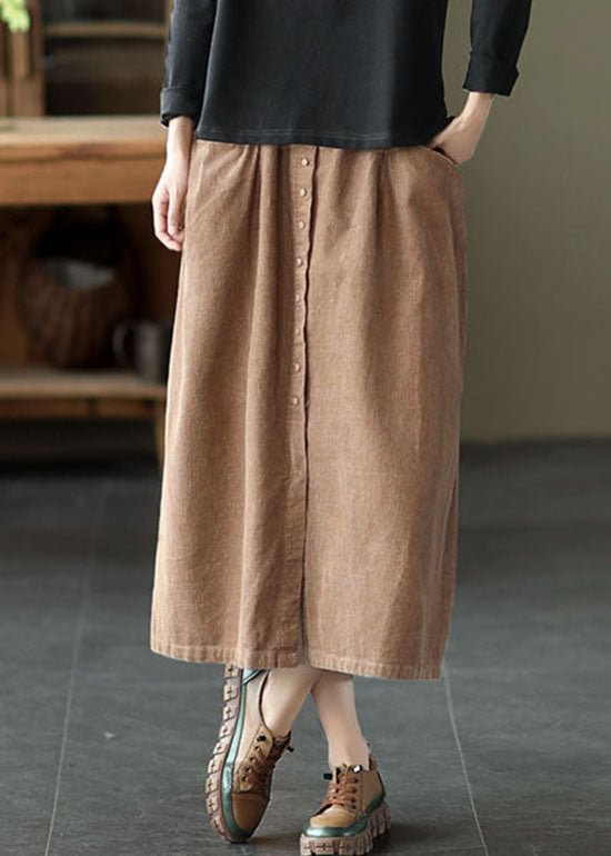 Women Khaki elastic waist button Pockets Corduroy Skirts
