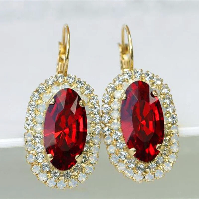 Trendy Female Red Zircon Stone Earrings Charm Gold Color Clip Earrings For Women Dainty Bride Crystal Oval Wedding Earrings