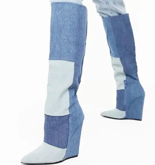 VCSHOES Woman Patchwork Jeans Wedge Knee High Boots Female Pointed Toe Long Boots Shoes Big Size 46