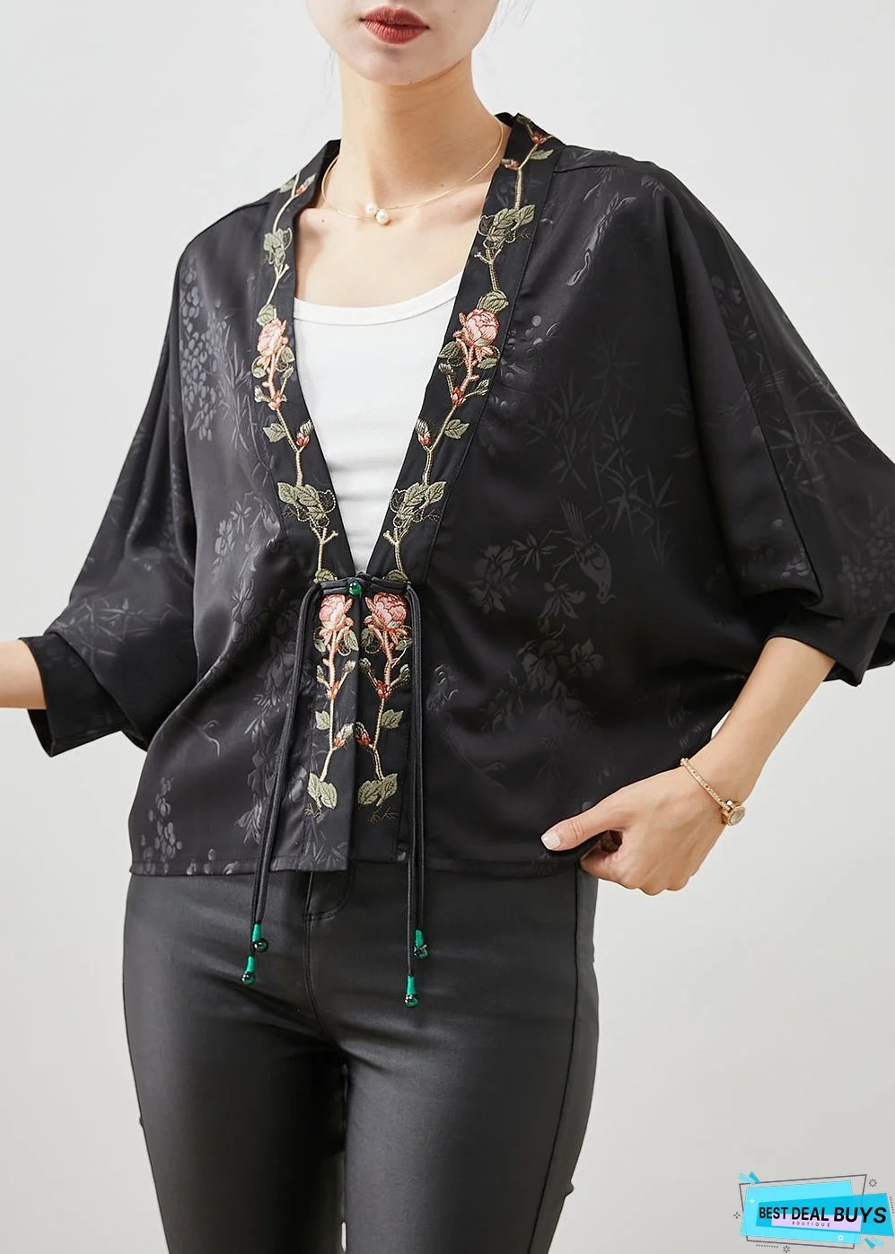 Vintage Black Embroideried Tasseled Silk Cardigan Spring
