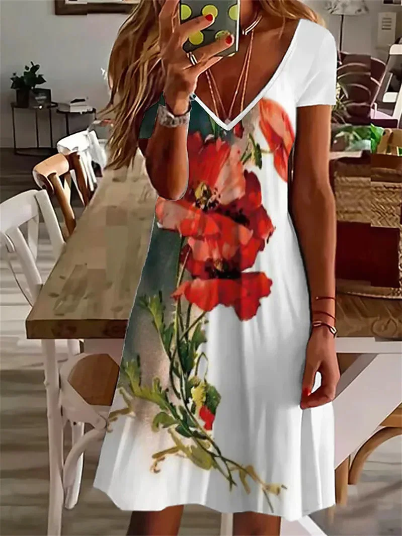 Women's Short Sleeve V-neck Graphic Floral Printed Midi Dress