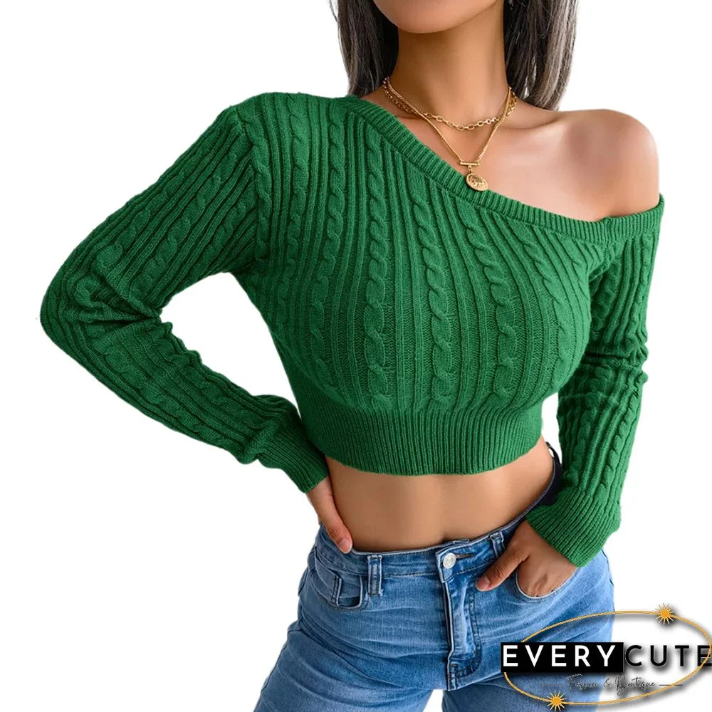 Green One Shoulder Cable Knit Crop Sweater