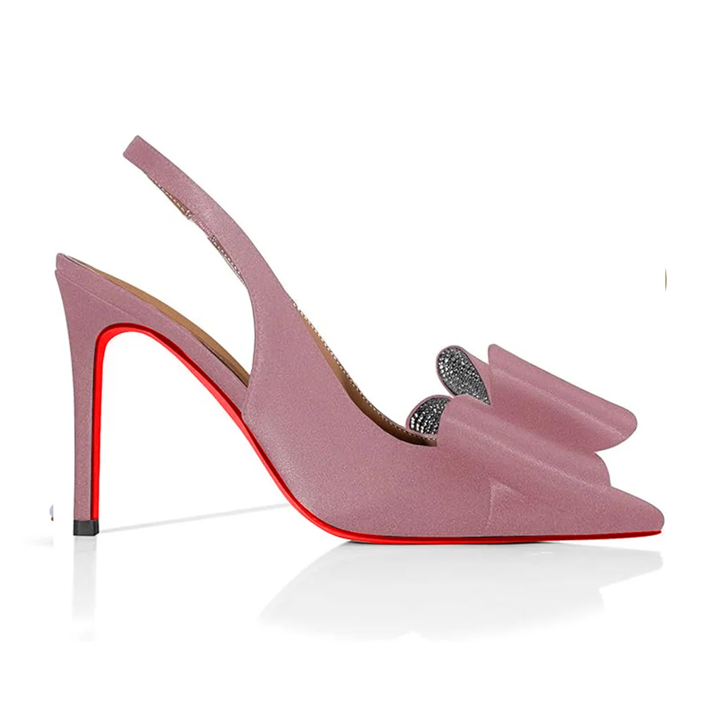 100mm Women's Red Bottom Diamonds Bows Slingback Sandals Design Heels Pointed Toe Stiletto Shoes -MERUMOTE