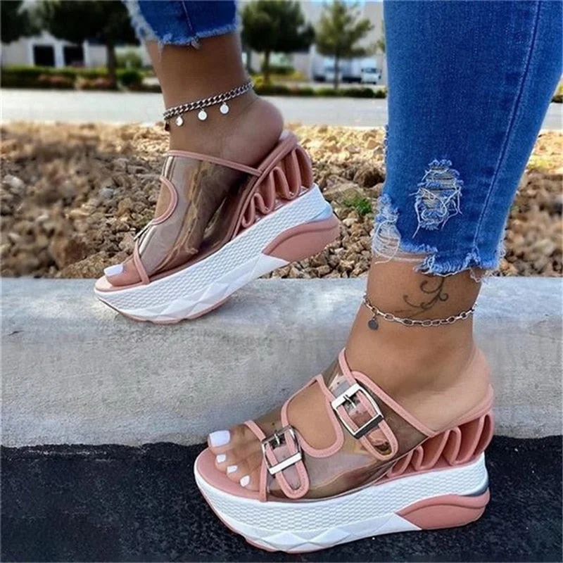 2021 Summer Woman Sandals Female Wedge Belt Buckle Transparent High Heel Large Size Shoes Platform Waterprooof Fashion Slipper