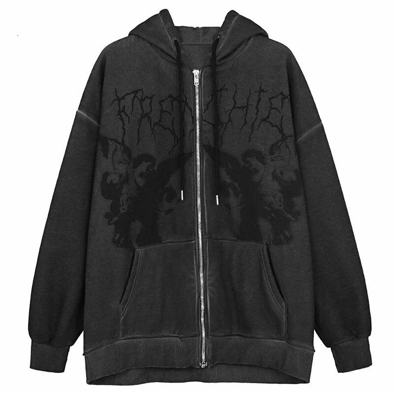 Harajuku Women Hoodies Hip Hop Streetwear Oversized Hooded Angel Dark Print Jacket Coat Punk Winter Zip-up Famle Tops Outwear 1118