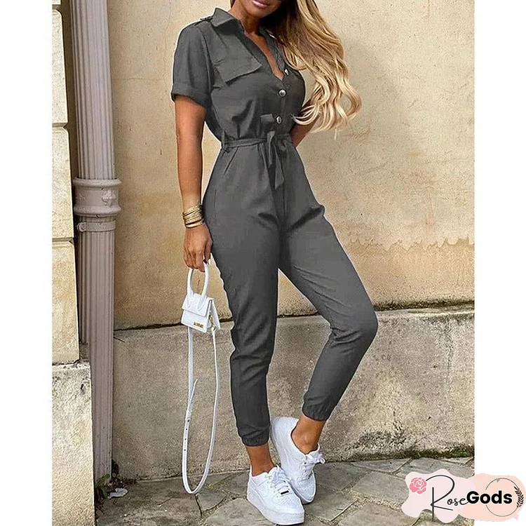 Women's Trousers Casual Lapel Buckle Printed One-Piece Pants