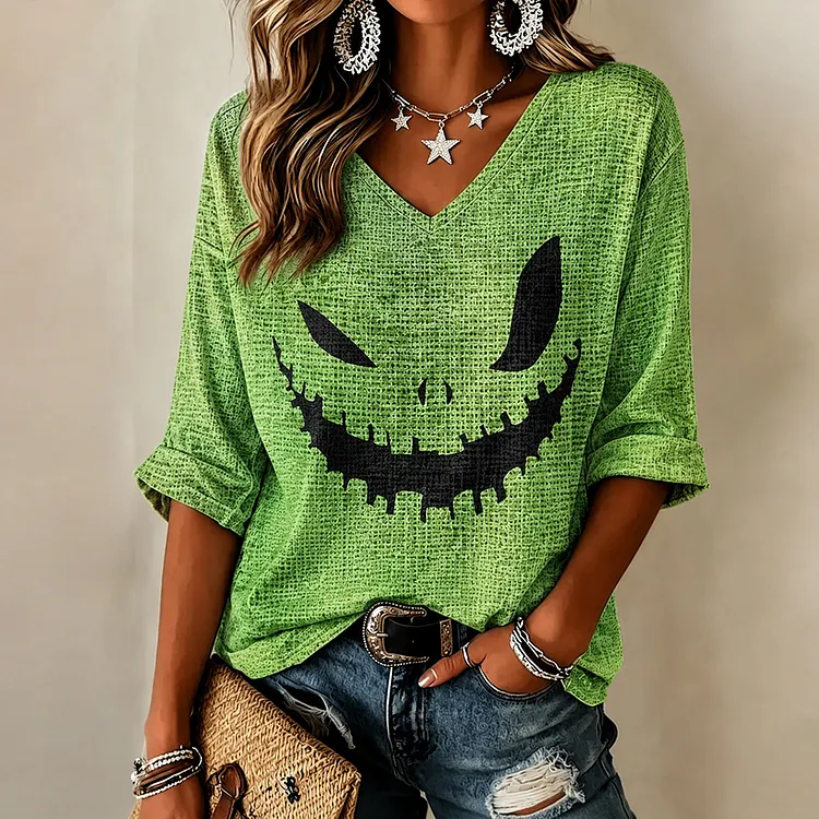 Women's Halloween Pumpkin Face Art Waffle Casual V-neck Short Sleeve Top