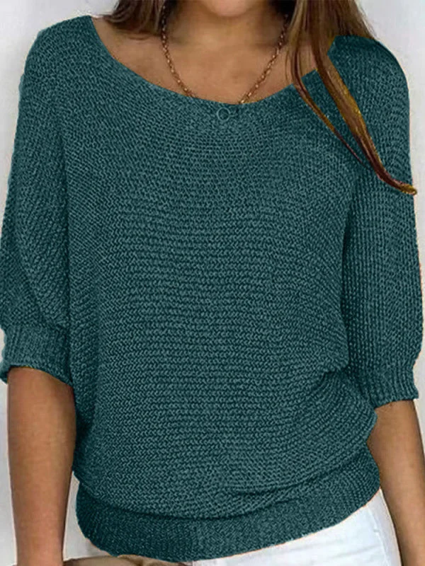 Solid Color Crew Neck Sweater For Women Elegant 3/4 Bat Sleeve Top