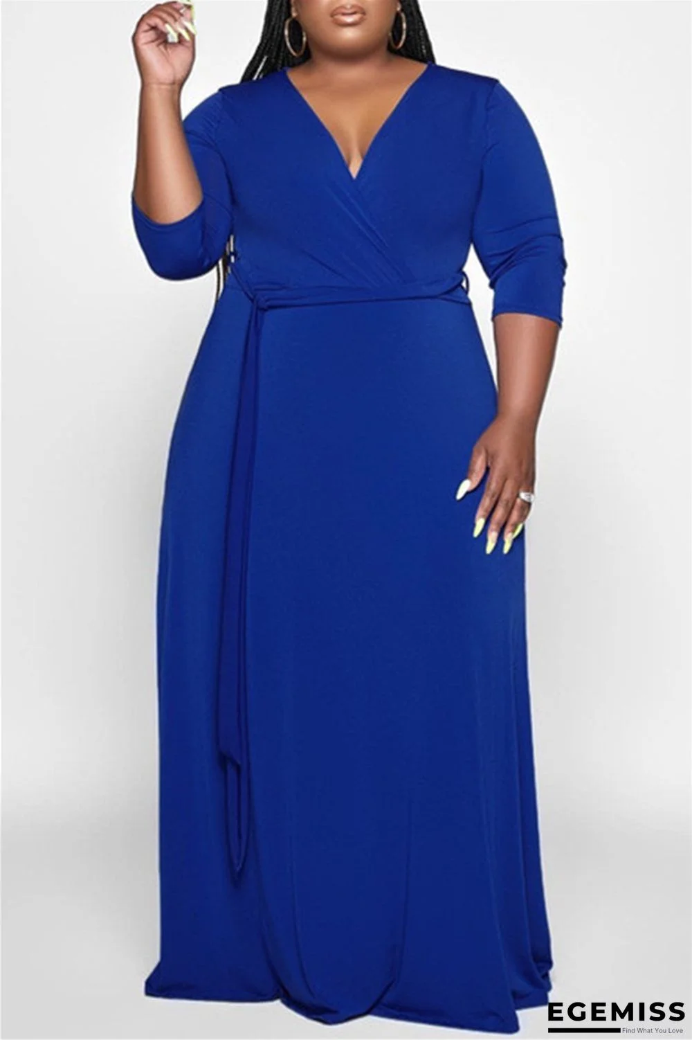 Blue Fashion Casual Solid Basic V Neck Long Dress Plus Size Dresses | EGEMISS