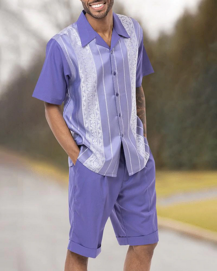 Short Sleeve Suit Two Piece Printed Walking Shorts