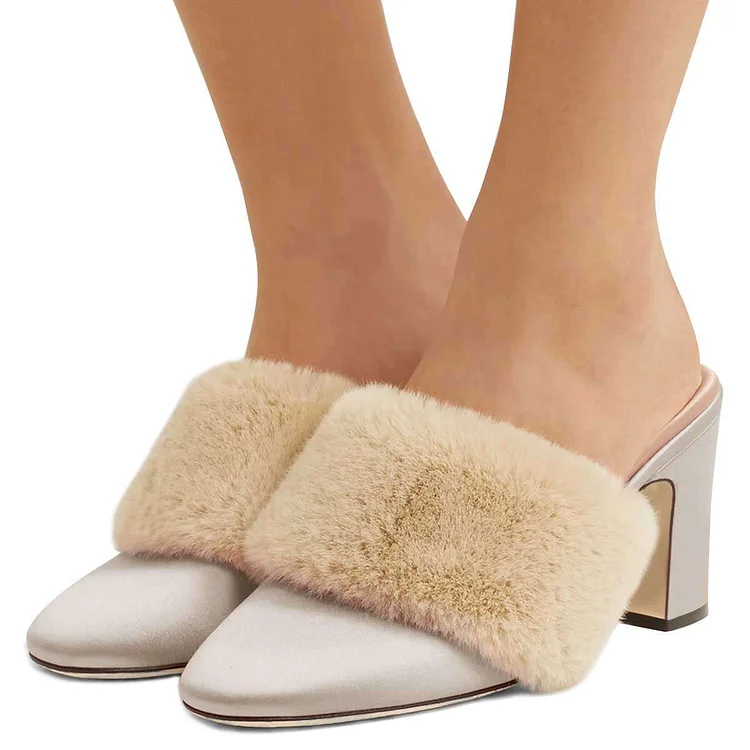 Beige Fur Heels Round Toe Chunky Heel Trending Mules US Size 3-15 |FSJ Shoes