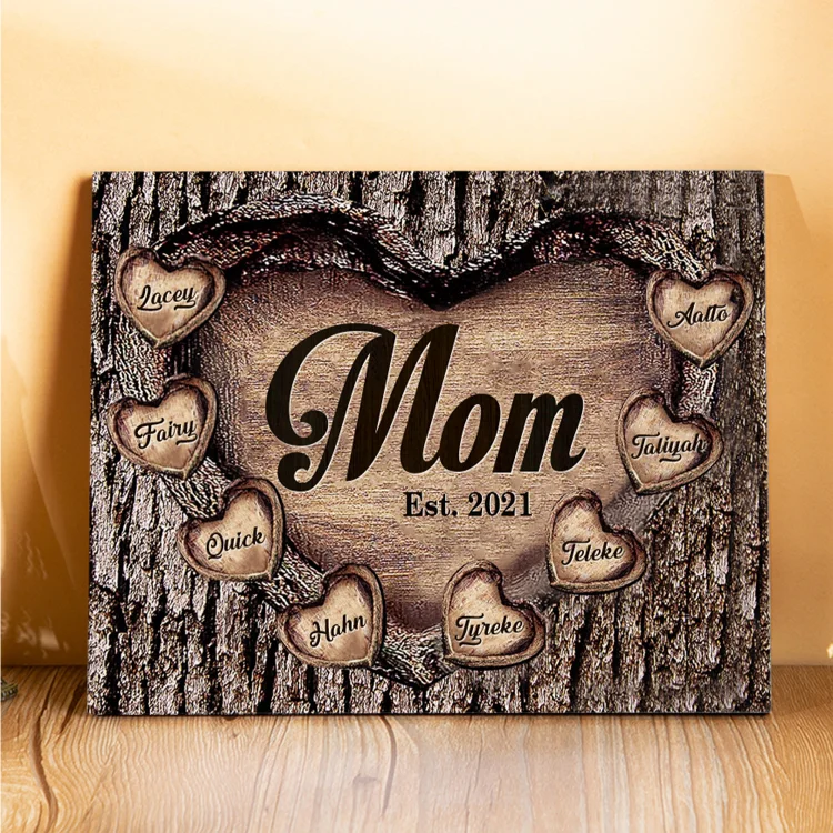 8 Names - Personalized Mom Wooden Plaque Custom Date & Names Home Decoration Hearts Gift for Mother