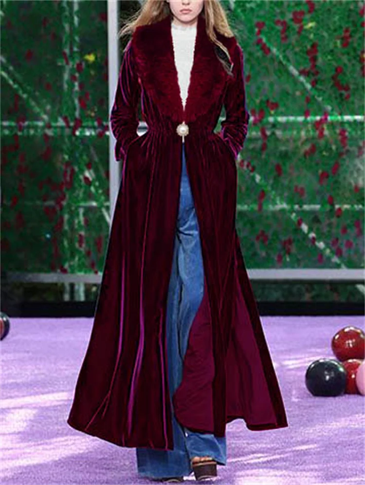 Christmas Gift Ursime Fuzzy Collar Thickened Velvet Warm Trench Coat