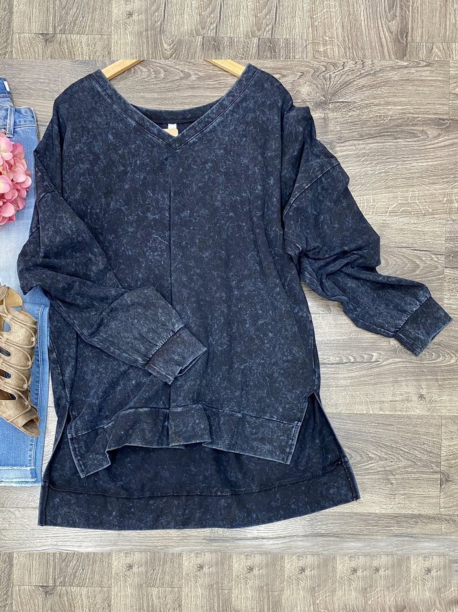 Navy Blue Long Sleeve Cotton-Blend  Sweatshirt